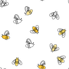 Linear cartoon honey bees seamless pattern. Vector background illustration.