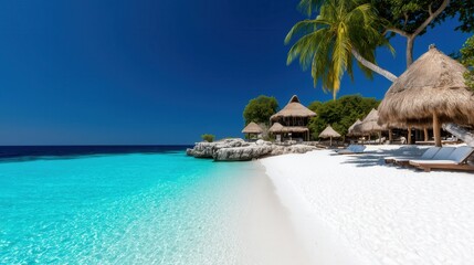 Serene tropical beach with lounge chairs under thatched-roof huts and turquoise waters