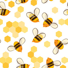 Cute cartoon honey bees on honeycombs seamless pattern. Vector background illustration