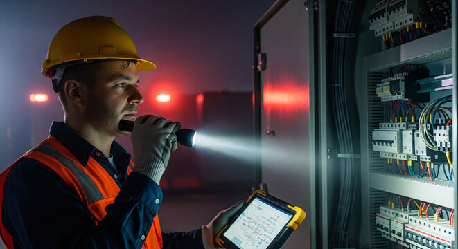 Male engineer electrician technician working night shift with flashlight and tablet trying to restore power supply during an accident