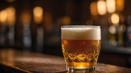 Concepto de relajación después del trabajo: una cerveza perfectamente servida en un vaso sudoroso dentro de un pub con iluminación tenue.
