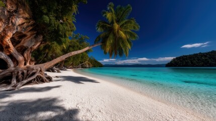 Serene tropical beach with white sand, turquoise water, and a leaning palm tree
