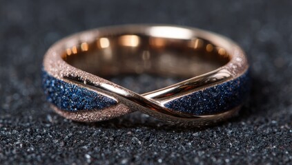 Close-up of a gold ring with dark blue stone inlay, intertwined design