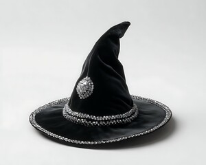 Black witch hat with a diamond band, made of velvet material