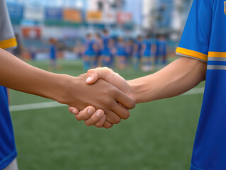 Two athletes in blue jerseys shake hands on a soccer field, symbolizing sportsmanship and camaraderie, with blurred teammates in the background celebrating a successful match