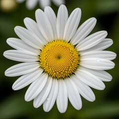 Obraz premium Stunning white daisy with vibrant yellow center, delicate petals, and dew drops, perfect for nature themes