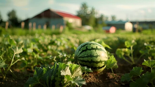 A closeup shot of a watermelon in a field with green plants. The watermelon is in the foreground, with its green and black striped pattern clearly visible.