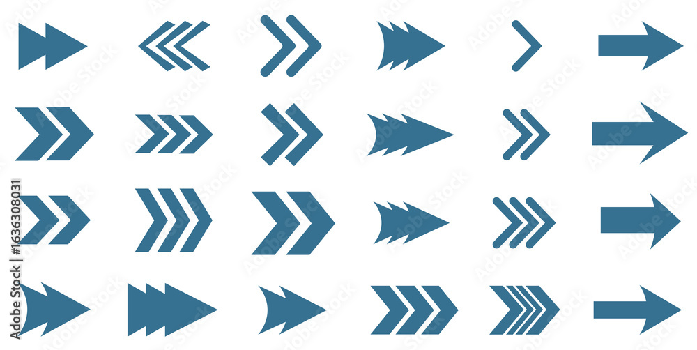 Poster collection of various arrow icons in different styles and directions. arrows include straight, curve