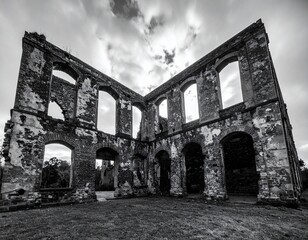 Fototapeta premium Black and White Dramatic Photo of Abandoned Historic Building Ruins with Cloudy Sky