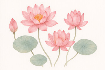 Watercolor illustration of blooming pink lotus flowers with green leaves on white background
