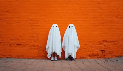 Two cute white ghosts standing in front of an orange brick wall, dressed