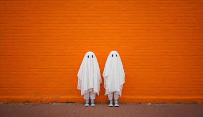 Two cute white ghosts standing in front of an orange brick wall, dressed