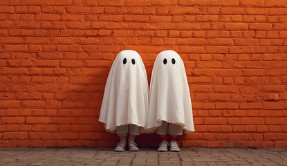 Two cute white ghosts standing in front of an orange brick wall, dressed