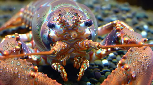 Vibrant spiny lobster or large crayfish close-up underwater, showcasing its intricate shell, eyes, and antennae