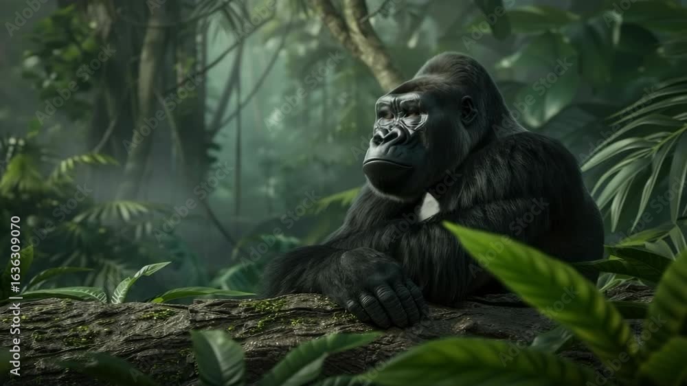 Poster a large gorilla relaxes on a log in the jungle, blending with the greenery and enjoying the tranquil