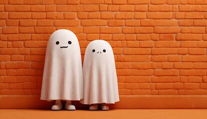 Two cute white ghosts standing in front of an orange brick wall, dressed