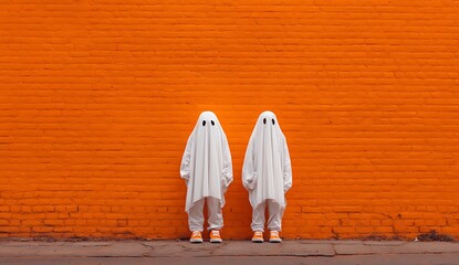 Two cute white ghosts standing in front of an orange brick wall, dressed