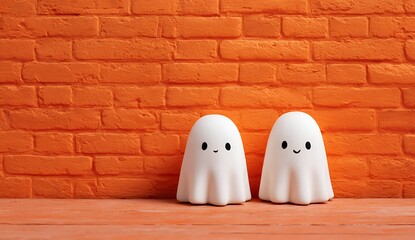 Two cute white ghosts standing in front of an orange brick wall, dressed