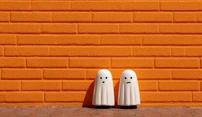 Two cute white ghosts standing in front of an orange brick wall, dressed