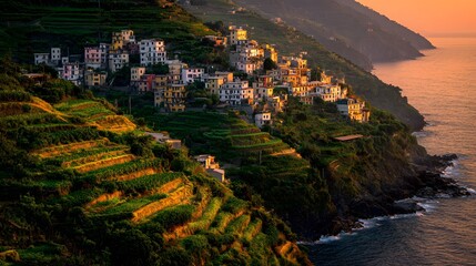 Fototapeta premium Colorful village nestled on a hillside overlooking the sea at sunset.