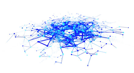 Technology network map with connecting glowing blue dots and lines forming a web structure, isolated on white background.