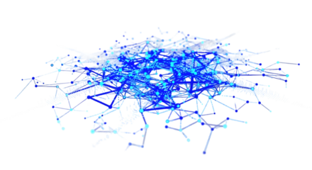 Technology network map with connecting glowing blue dots and lines forming a web structure, isolated on white background.