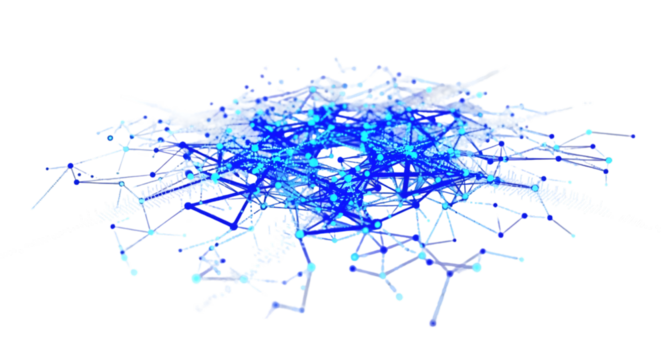 Technology network map with connecting glowing blue dots and lines forming a web structure, isolated on white background.