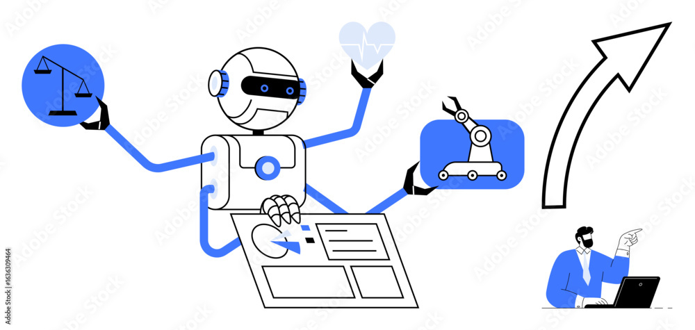 Poster robot with multiple arms handling justice scale, heart, robotic arm, data interface alongside arrow 