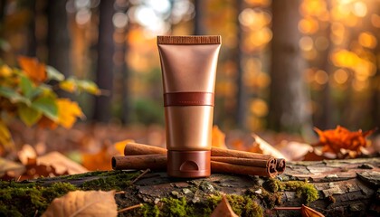 Tube Placed on Log with Cinnamon Sticks in Autumn Forest