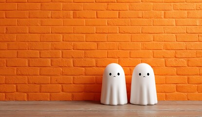 Two cute white ghosts standing in front of an orange brick wall, dressed