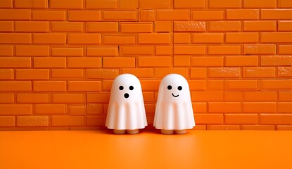 Two cute white ghosts standing in front of an orange brick wall, dressed