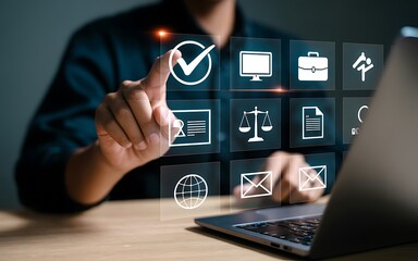 Person touching digital interface with icons hand