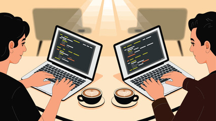 Two people coding on laptops at café table with coffee cups, symbolizing pair programming, tech collaboration, and casual work environment