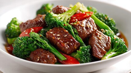 Delicious Beef and Broccoli Stir Fry with Red Pepper in White Bowl