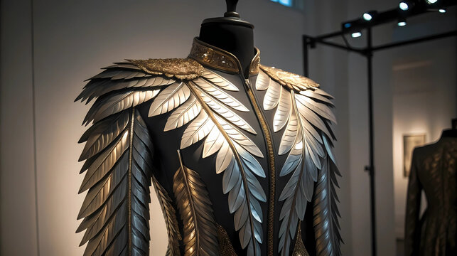 Metallic feathered costume on a mannequin, blending fantasy armor and fashion in an artistic museum-style display setting.