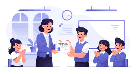 Teacher presenting a certificate of achievement to a happy student in a classroom, with classmates applauding his success