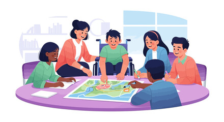 A group of multicultural children, including a boy in a wheelchair, enjoying an educational board game with their teacher, promoting inclusivity and teamwork.