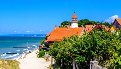 Coastal town with lighthouse, sandy path, and blue sea