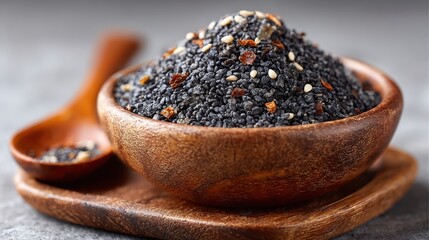 Black Sesame Seeds in Wooden Bowl with Spoon on Grey Background