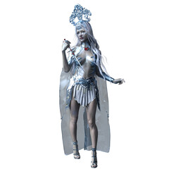 Obraz premium 3D rendered fantasy female character wearing silver armor with an ornate headpiece, isolated on transparent background