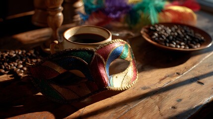 Colorful carnival mask rests near a cup of coffee and coffee beans on a wooden table.