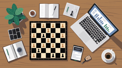 Top-down view of modern workspace with chessboard, laptop showing graphs, smartphone, coffee, and notepad, symbolizing strategy and focus
