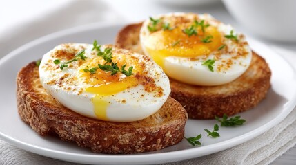 Soft Boiled Eggs on Toast with Fresh Thyme, Delicious Breakfast
