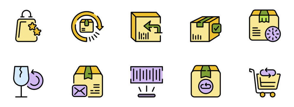 Colorful Vector Icons: E-commerce, Returns, Shipping, Delivery, and Logistics;  Modern Flat Style;  Positive and Efficient Brand Messaging.