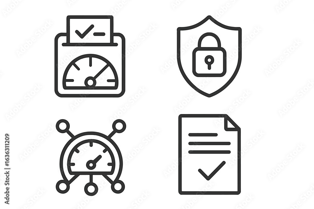 Poster icons representing data security, performance metrics, and compliance documentation in a digital con
