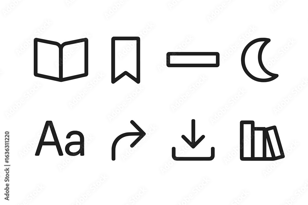 Poster icons representing reading activities and features designed for a nighttime reading experience suita