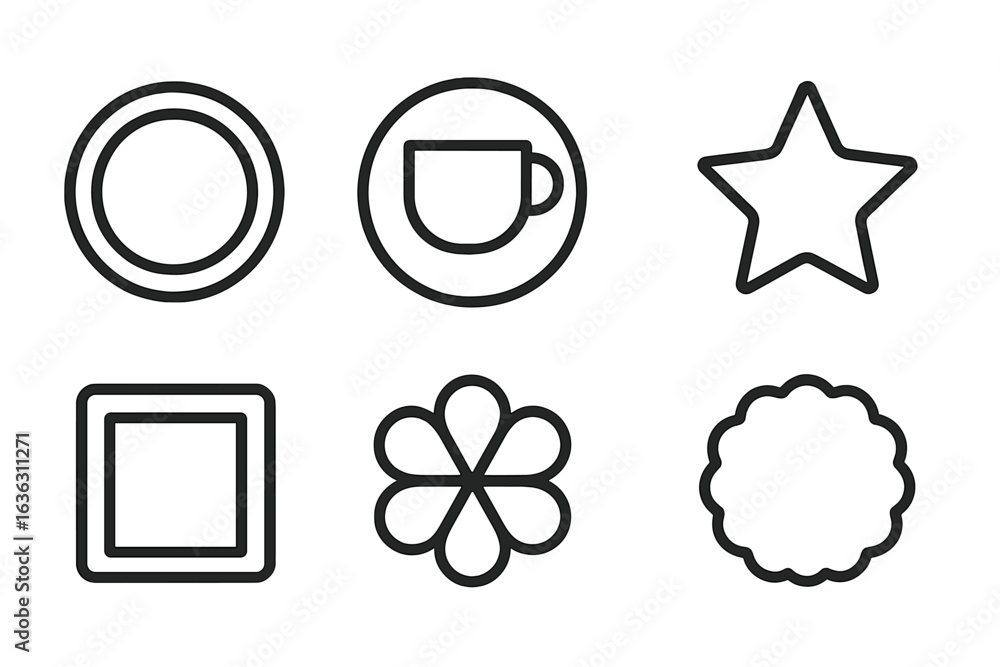 Poster various simple shapes and objects displayed in a minimalistic design on a clean background