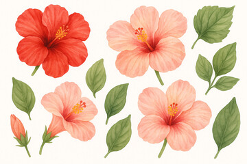 Watercolor illustration set of tropical hibiscus flowers in red and pink with green leaves on white background
