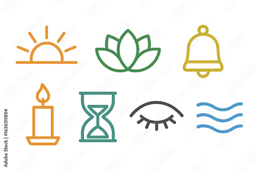 Poster symbols of serenity represented through simple line art in various colors and shapes