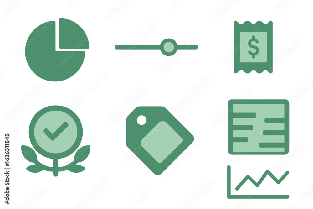 Poster visual representation of financial metrics and analysis icons in green color scheme